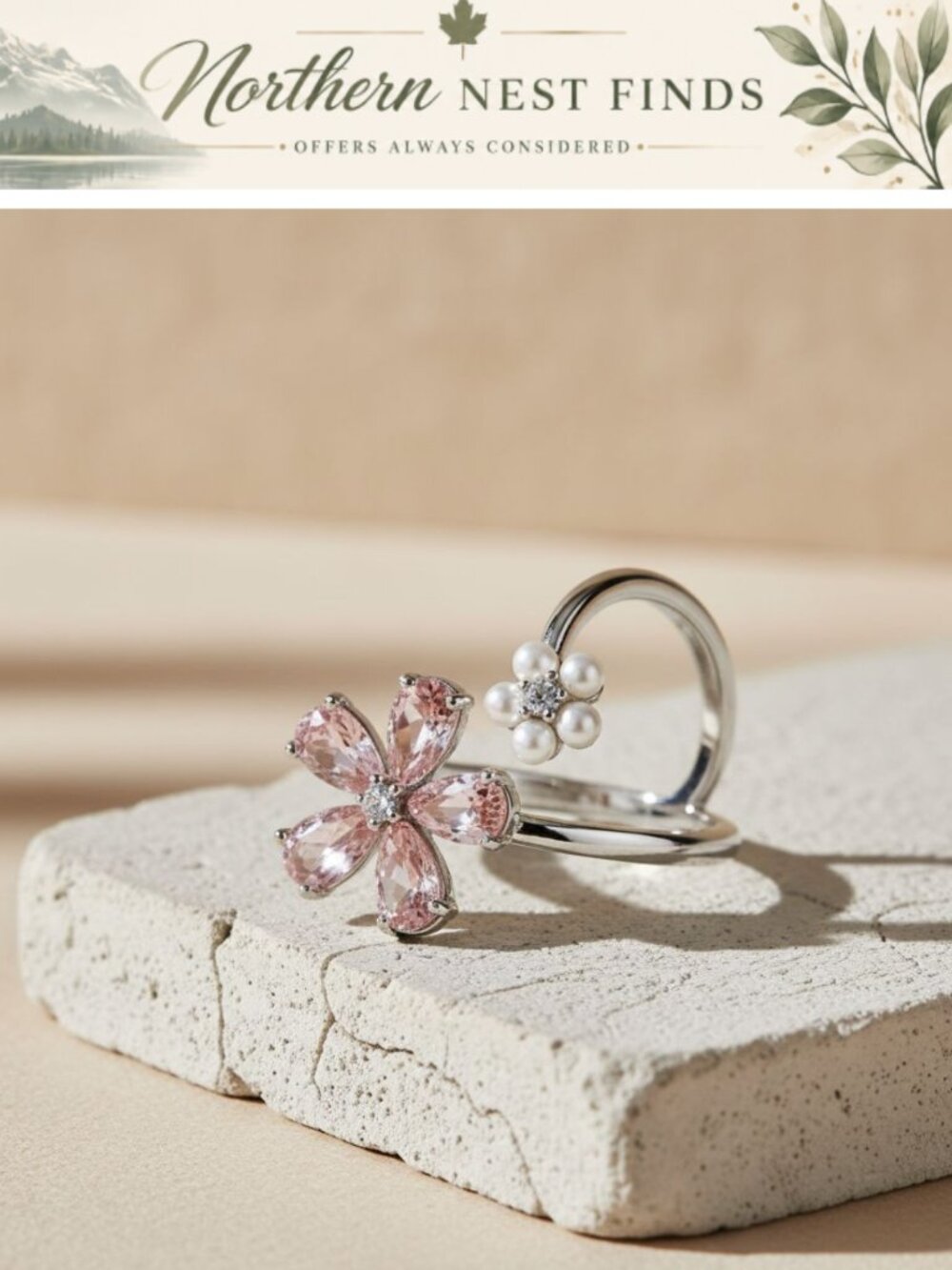 Adjustable Daisy Flower Open Ring Copper Cubic Zirconia Statement Ring
